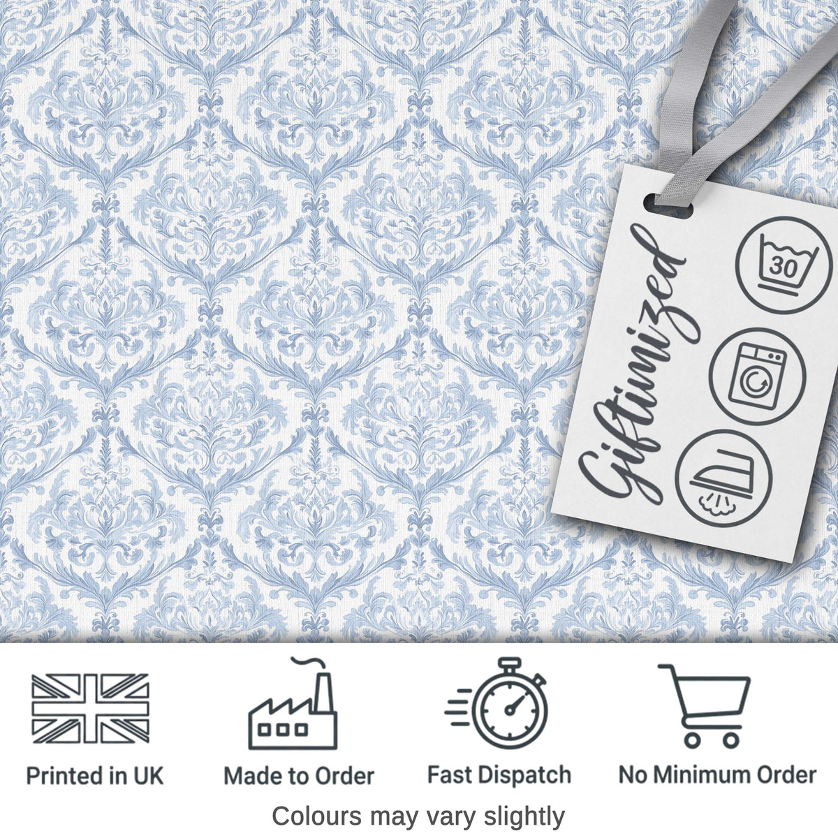 Vintage Blue Damask Ornamental Seamless Pattern Digital Print Fabric by the Metre UK Sewing Quilting Textile