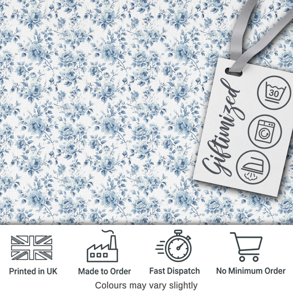 Vintage Blue Floral Rose Botanical Seamless Pattern Digital Print Fabric by the Metre UK Sewing Quilting Textile