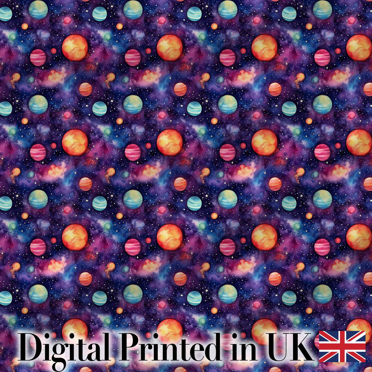 Colorful Cartoon Planets Galaxy Purple Space Seamless Pattern Fun Cosmic Digital Print Fabric by the Metre UK Sewing Quilting Textile