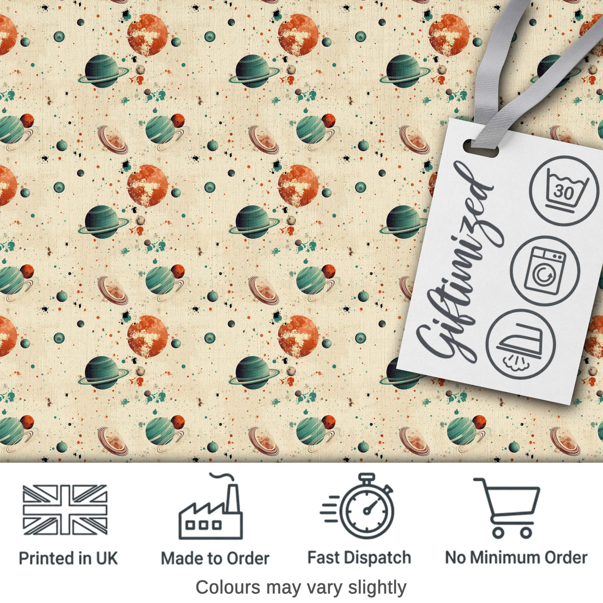 Minimal Beige Planets Orbit Space Seamless Pattern Cosmic Digital Print Fabric by the Metre UK Sewing Quilting Textile