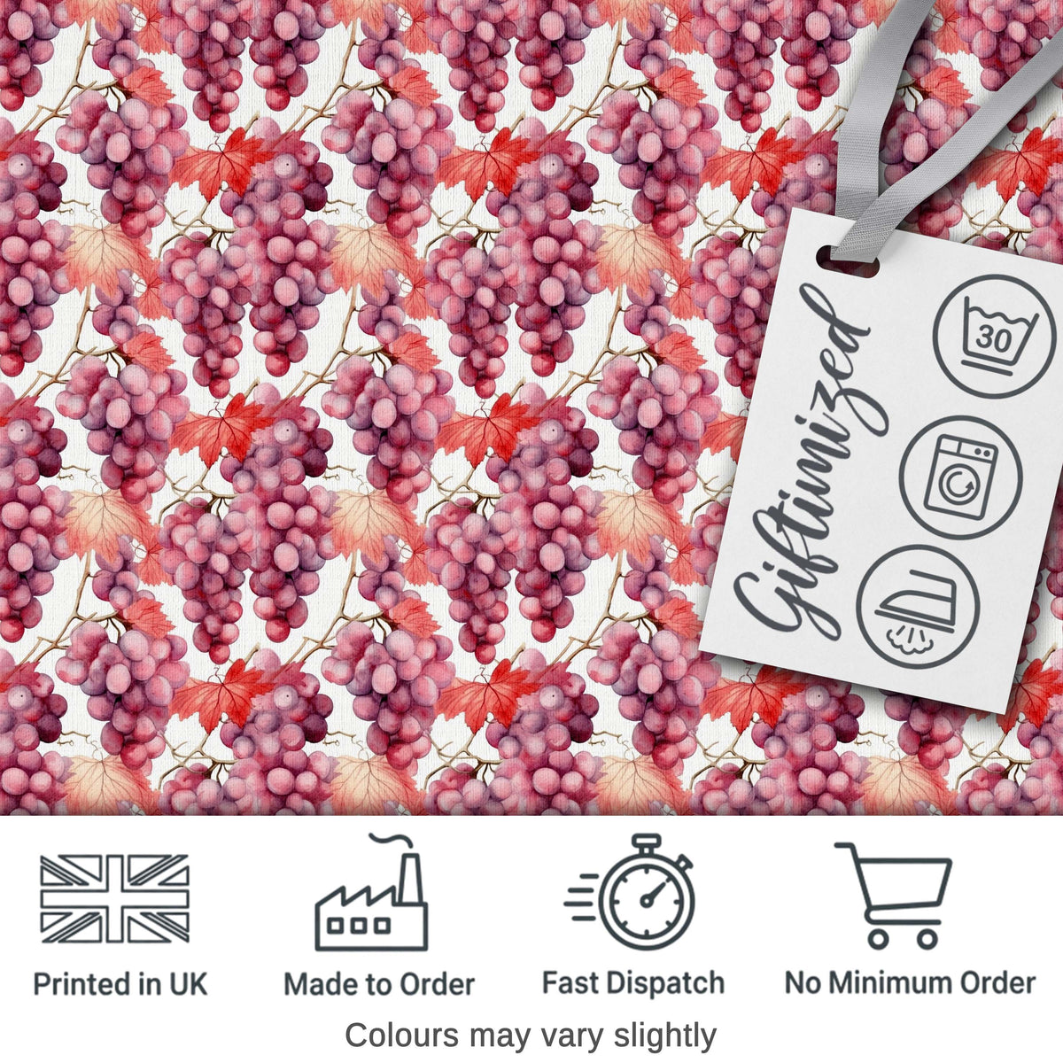 Realistic Purple Grapes and Vine Leaves Seamless Pattern Digital Print Fabric by the Metre UK Sewing Quilting Textile