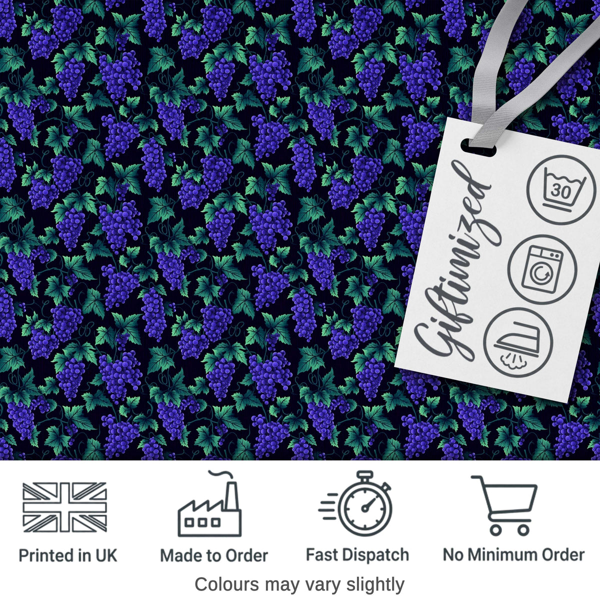 Vibrant Neon Purple Grapes on Dark Background Seamless Pattern Digital Print Fabric by the Metre UK Sewing Quilting Textile