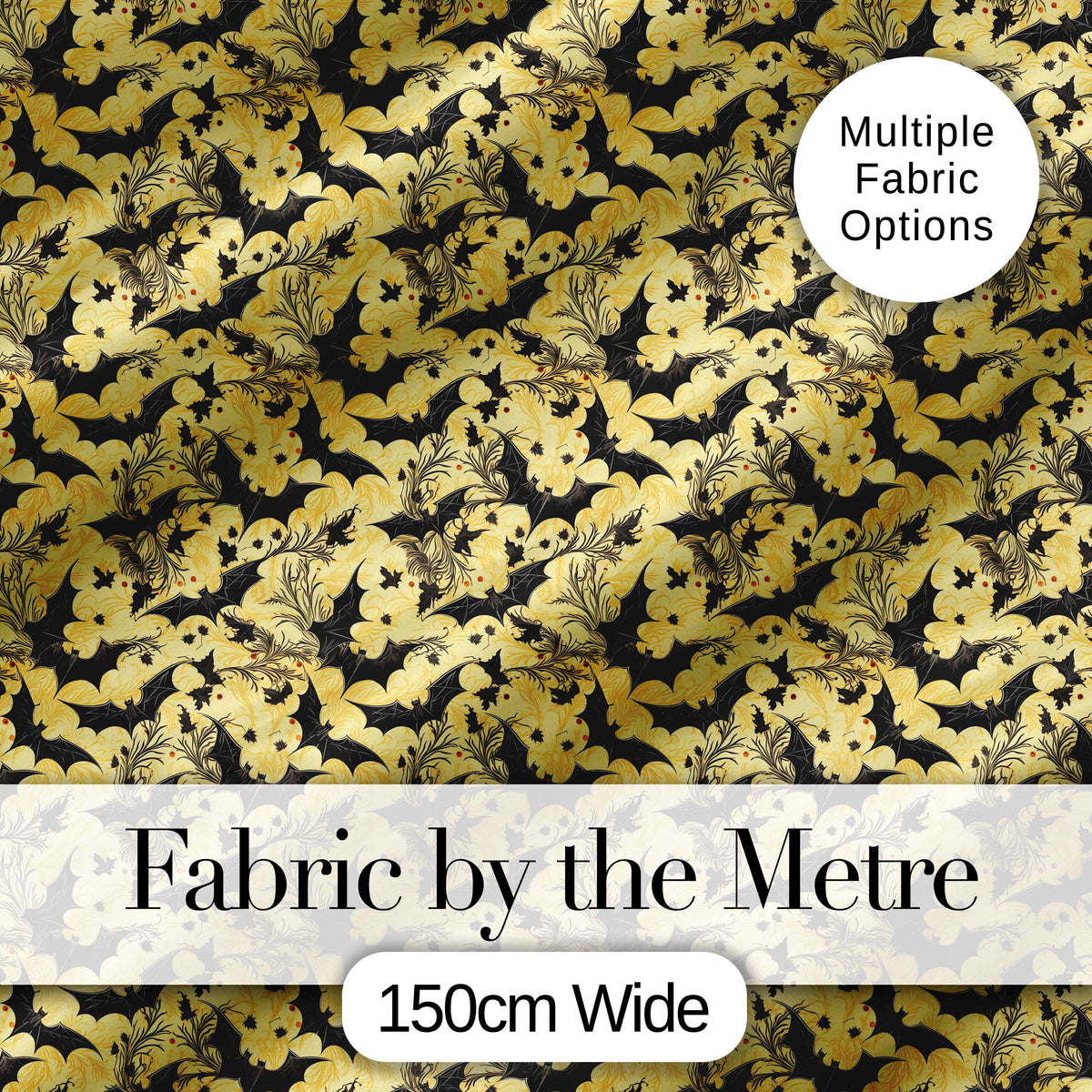 Ornate Gothic Bats with Floral Swirls on Golden Background Halloween Digital Print Fabric by the Metre UK Sewing Quilting Textile
