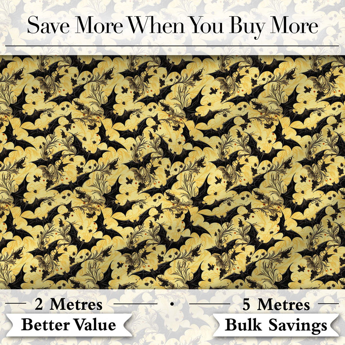 Ornate Gothic Bats with Floral Swirls on Golden Background Halloween Digital Print Fabric by the Metre UK Sewing Quilting Textile
