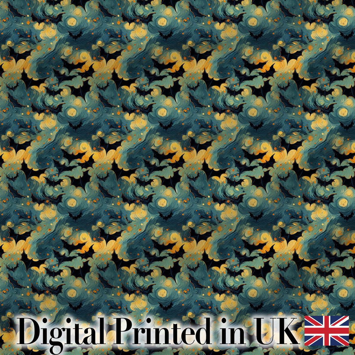 Starry Night Swirling Sky with Bats Artistic Van Gogh Style Halloween Digital Print Fabric by the Metre UK Sewing Quilting Textile