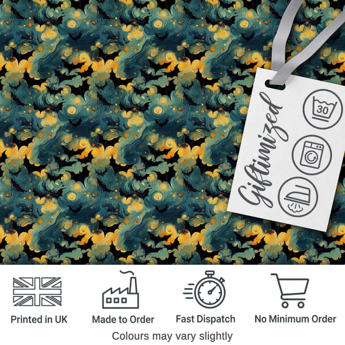 Starry Night Swirling Sky with Bats Artistic Van Gogh Style Halloween Digital Print Fabric by the Metre UK Sewing Quilting Textile
