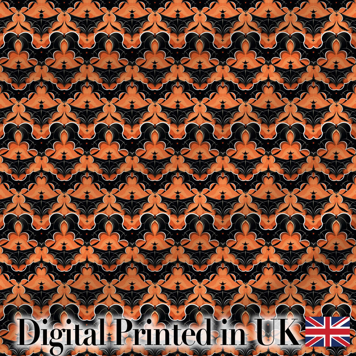 Bold Geometric Bat Motif in Orange and Black Repeating Halloween Digital Print Fabric by the Metre UK Sewing Quilting Textile