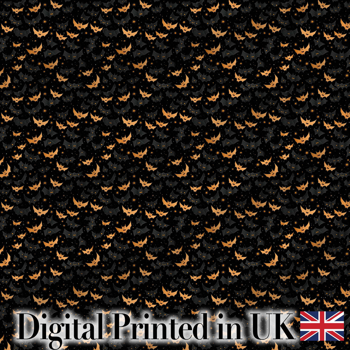 Cute Cartoon Bats and Stars on Black Background Fun Halloween Seamless Pattern Digital Print Fabric by the Metre UK Sewing Quilting Textile