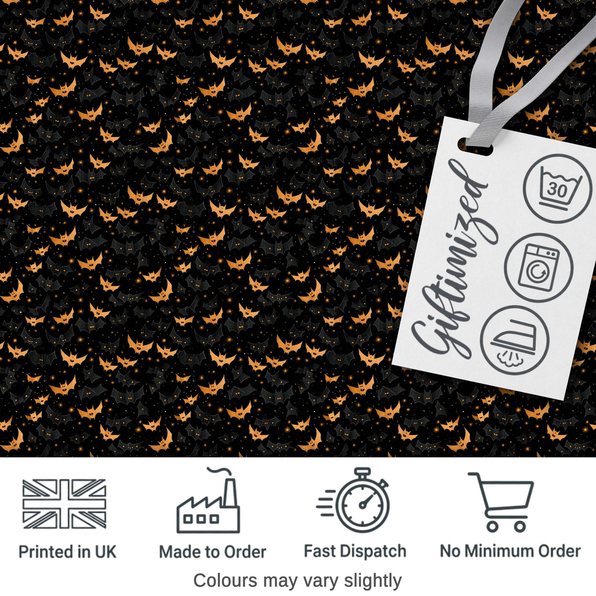 Cute Cartoon Bats and Stars on Black Background Fun Halloween Seamless Pattern Digital Print Fabric by the Metre UK Sewing Quilting Textile