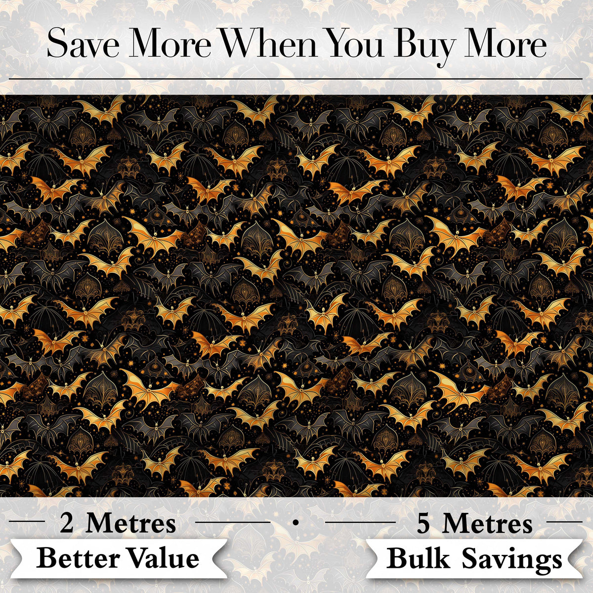 Elegant Gold and Black Bats with Decorative Night Sky Halloween Seamless Digital Print Fabric by the Metre UK Sewing Quilting Textile