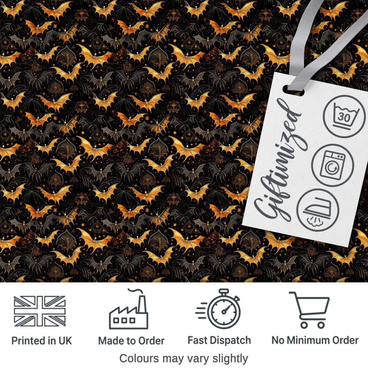 Elegant Gold and Black Bats with Decorative Night Sky Halloween Seamless Digital Print Fabric by the Metre UK Sewing Quilting Textile