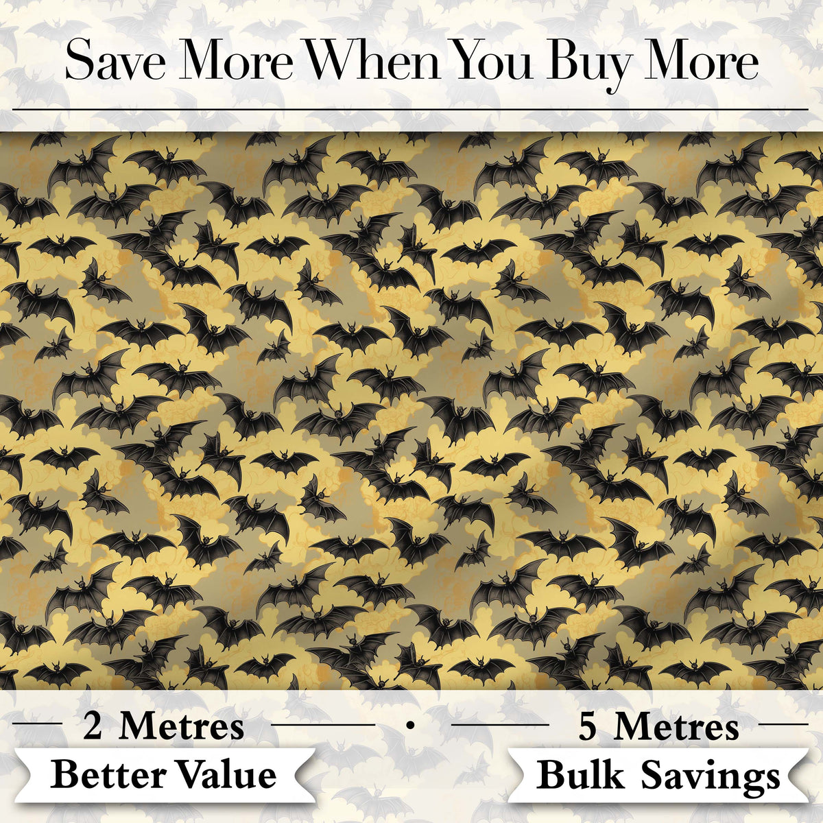 Classic Bats in Yellow Cloudy Sky Vintage Halloween Seamless Pattern Digital Print Fabric by the Metre UK Sewing Quilting Textile