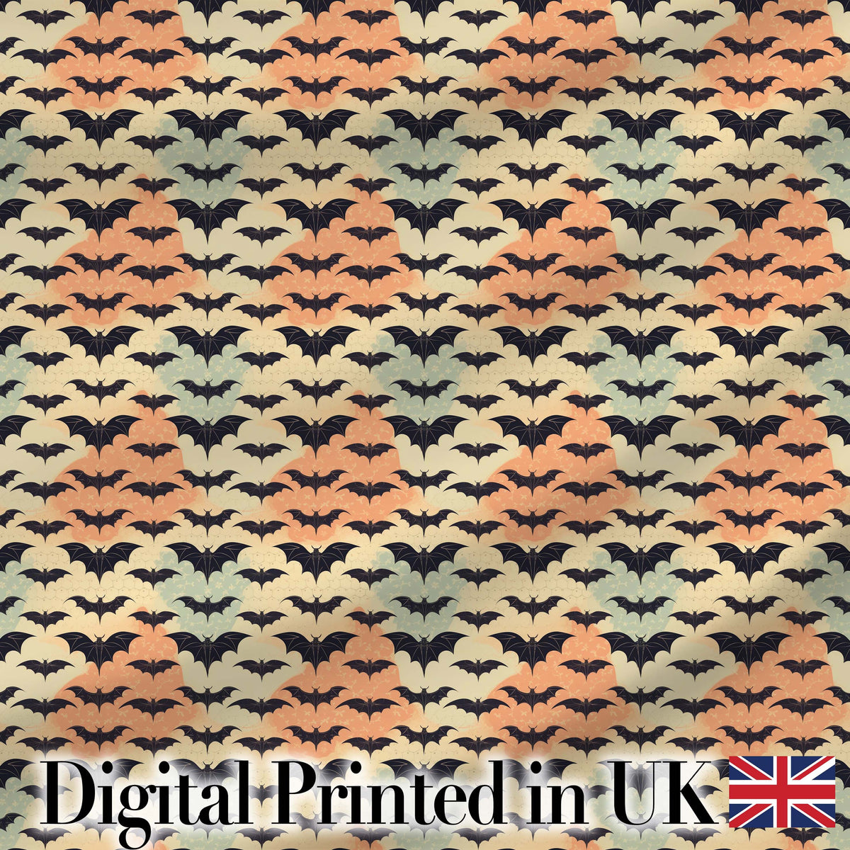 Bats with Pastel Cloud Layers Unique Halloween Seamless Pattern Digital Print Fabric by the Metre UK Sewing Quilting Textile