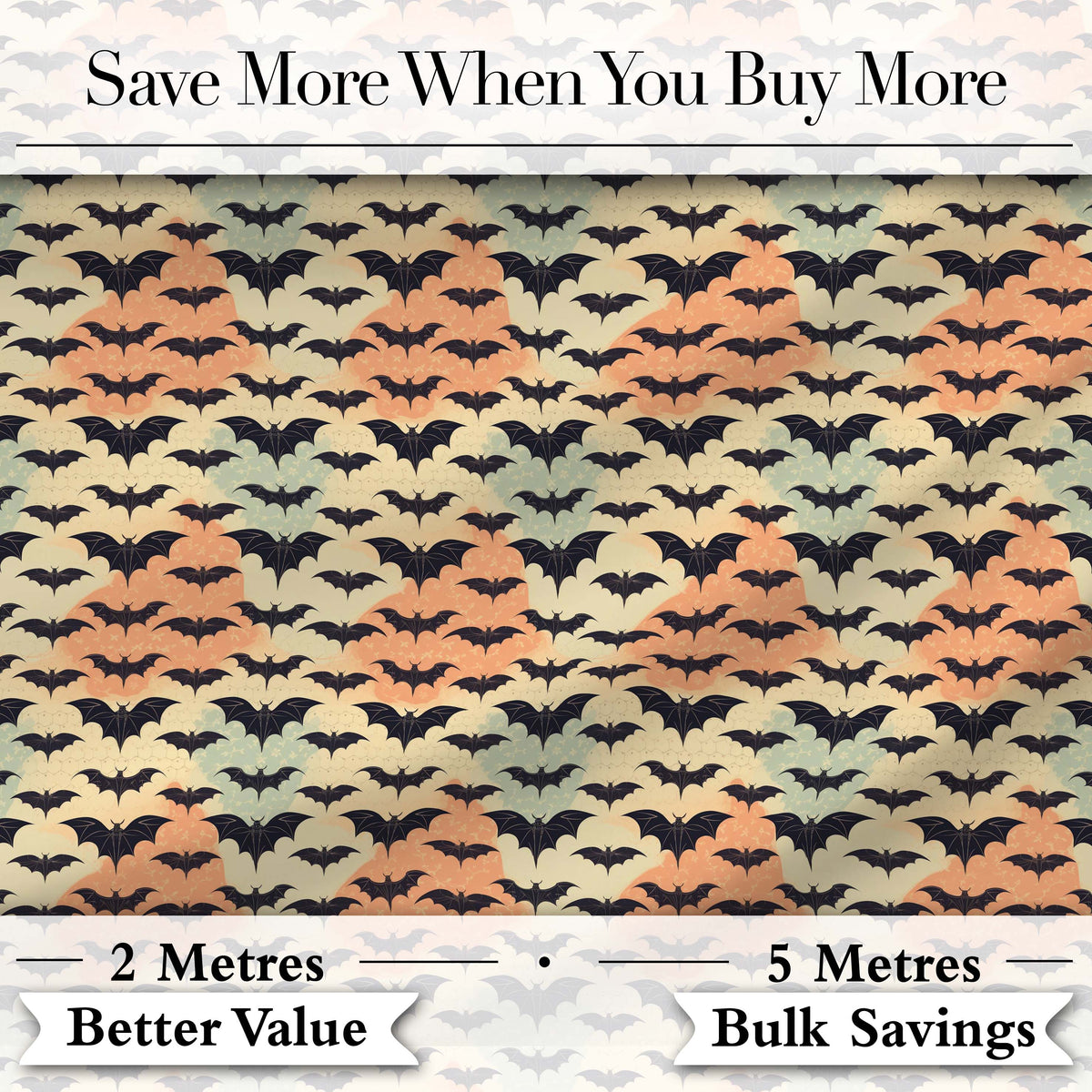 Bats with Pastel Cloud Layers Unique Halloween Seamless Pattern Digital Print Fabric by the Metre UK Sewing Quilting Textile