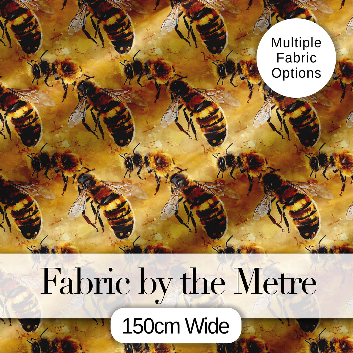 Detailed Honey Bees on Golden Background Nature Inspired Seamless Pattern Digital Print Fabric by the Metre UK Sewing Quilting Textile