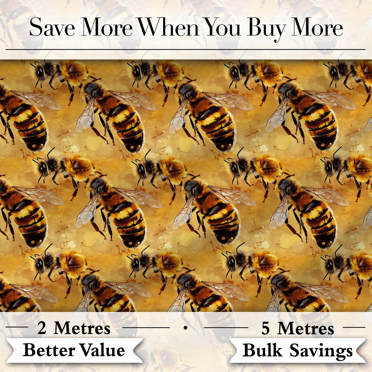 Detailed Honey Bees on Golden Background Nature Inspired Seamless Pattern Digital Print Fabric by the Metre UK Sewing Quilting Textile