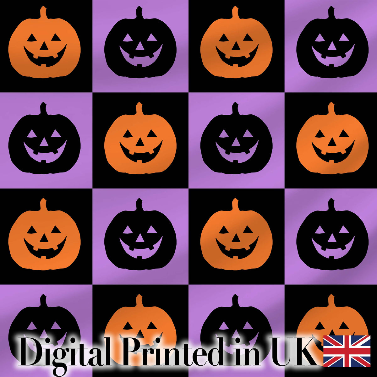 Halloween Pumpkin Faces on Purple and Black Checkerboard Seamless Pattern Digital Print Fabric by the Metre UK Sewing Quilting Textile