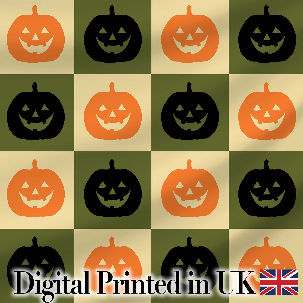 Halloween Pumpkin Faces in Olive and Beige Checkerboard Seamless Pattern Digital Print Fabric by the Metre UK Sewing Quilting Textile