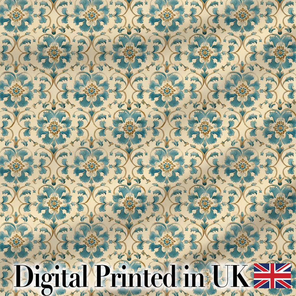 Classic Blue White Tile Floral Portuguese Style Seamless Pattern Digital Print Fabric by the Metre UK Sewing Quilting Textile