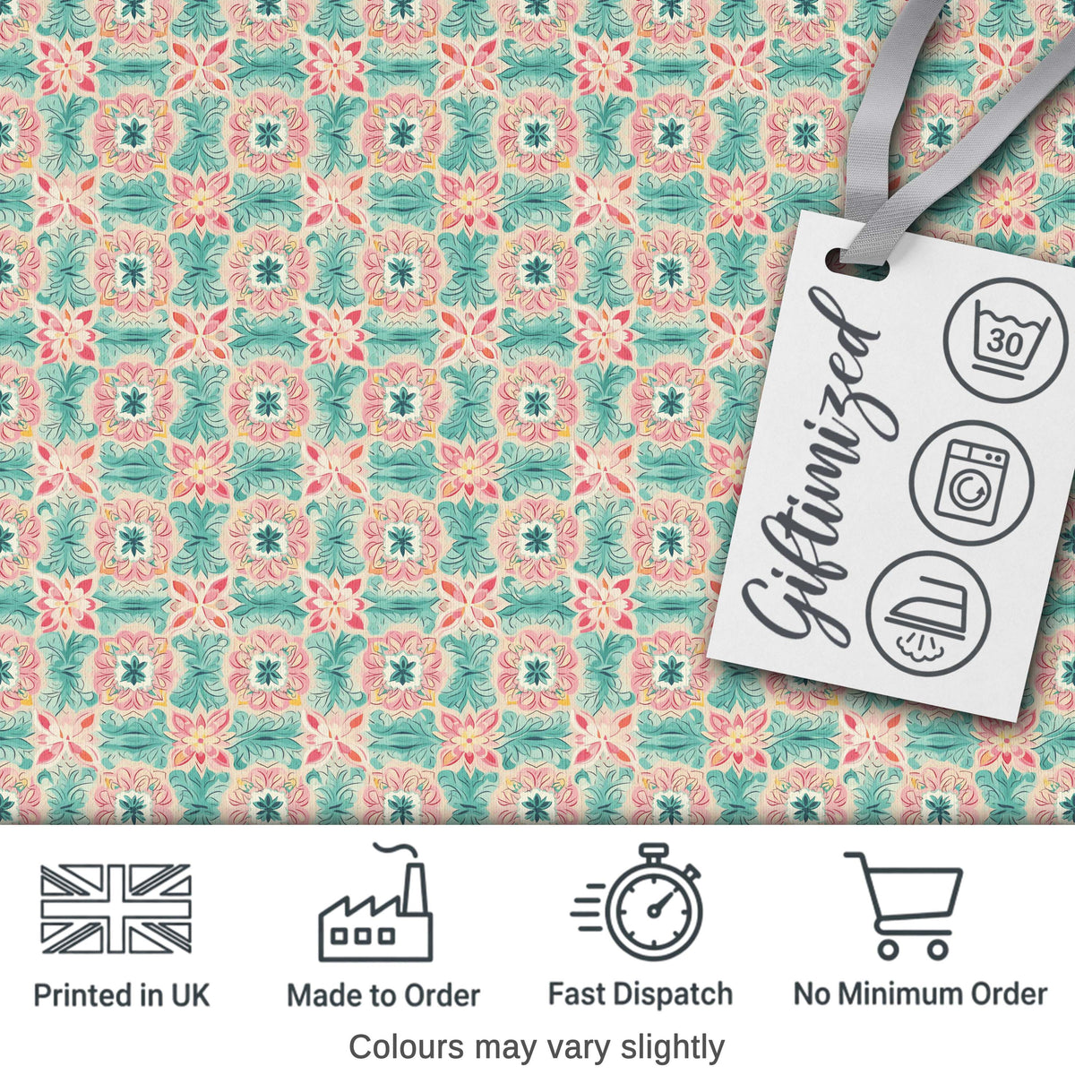 Elegant Aqua Gold Decorative Tile Floral Seamless Pattern Digital Print Fabric by the Metre UK Sewing Quilting Textile