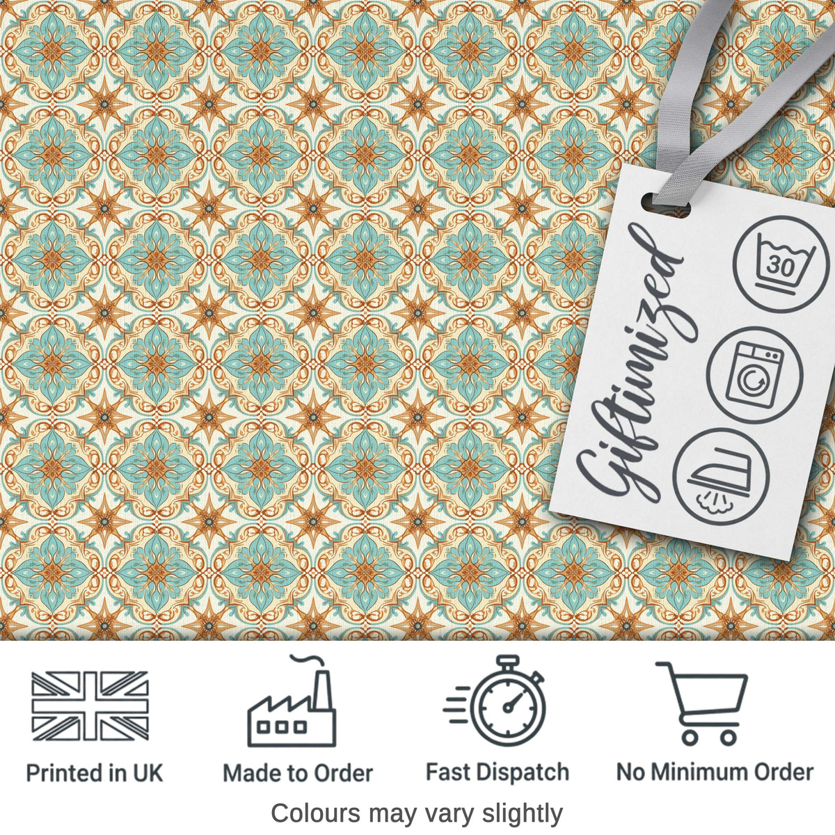 Muted Blue Green Vintage Tile Floral Seamless Pattern Digital Print Fabric by the Metre UK Sewing Quilting Textile