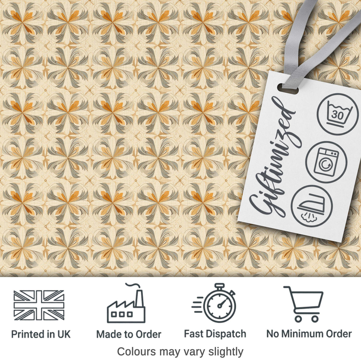 Neutral Beige and Ochre Elegant Floral Tile with Subtle Vintage Symmetry Digital Print Fabric by the Metre UK Sewing Quilting Textile