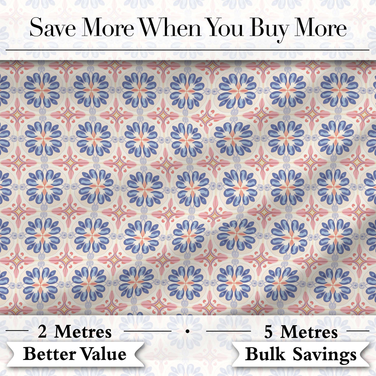 Pastel Blue and Pink Decorative Tile Pattern with Floral Symmetry on Cream Digital Print Fabric by the Metre UK Sewing Quilting Textile
