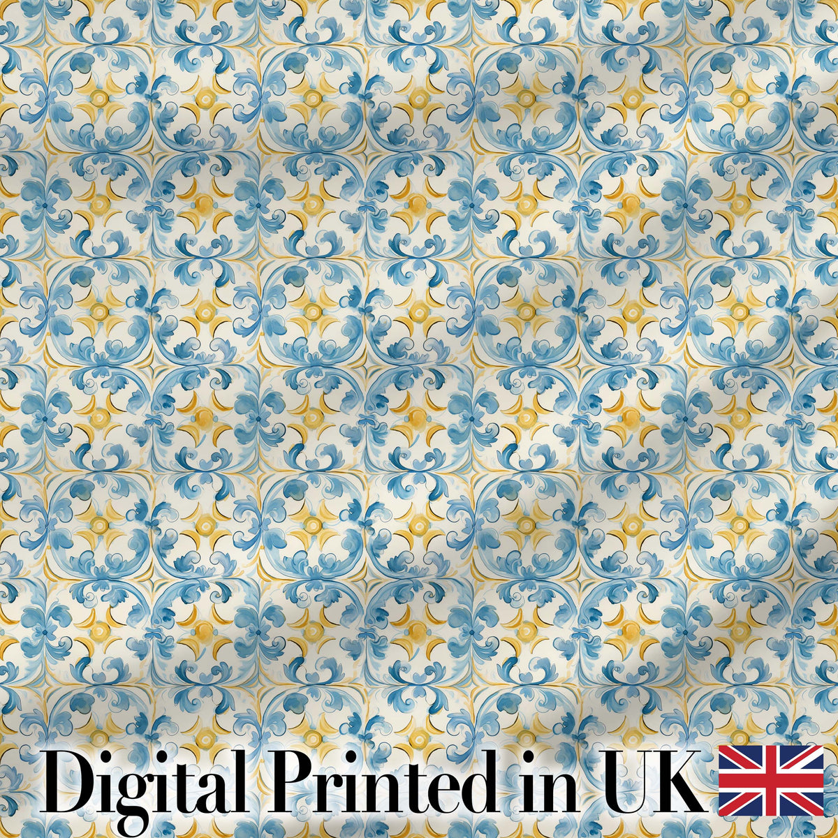 Blue and Gold Classic Decorative Tile Pattern with Elegant Floral Symmetry Digital Print Fabric by the Metre UK Sewing Quilting Textile