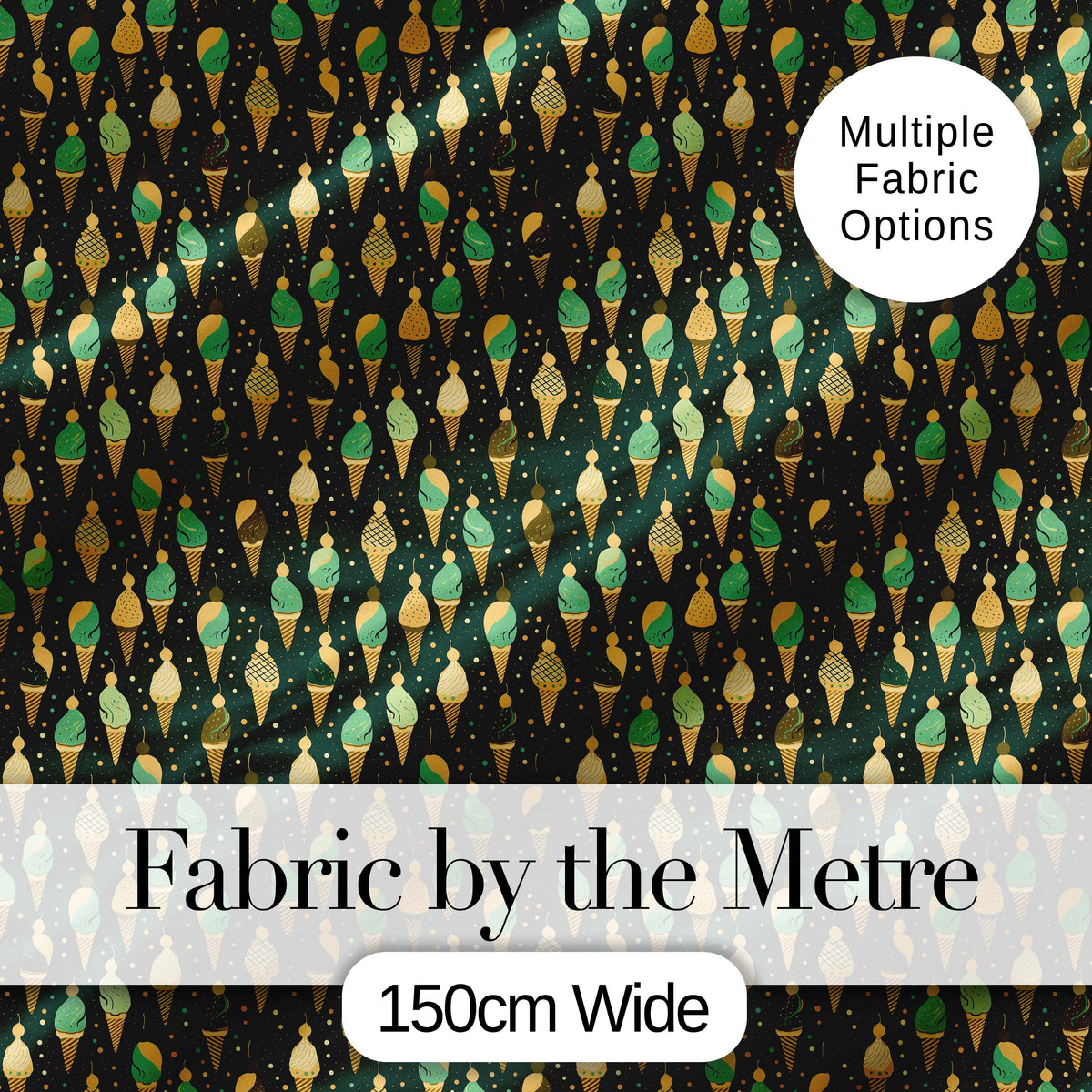Dark Green Ice Cream Cone Repeat Pattern with Gold Accents Digital Print Fabric by the Metre UK Sewing Quilting Textile