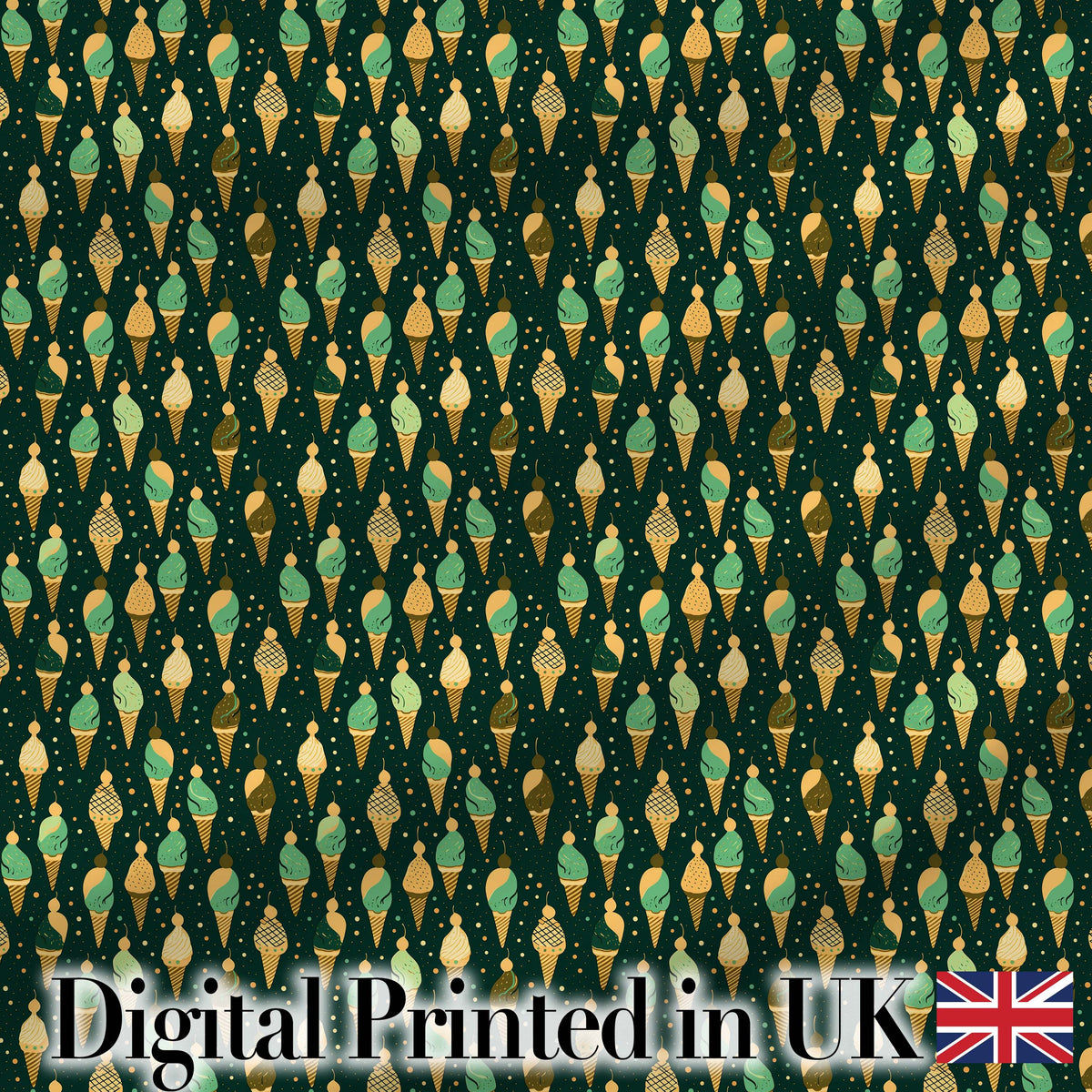 Dark Green Ice Cream Cone Repeat Pattern with Gold Accents Digital Print Fabric by the Metre UK Sewing Quilting Textile