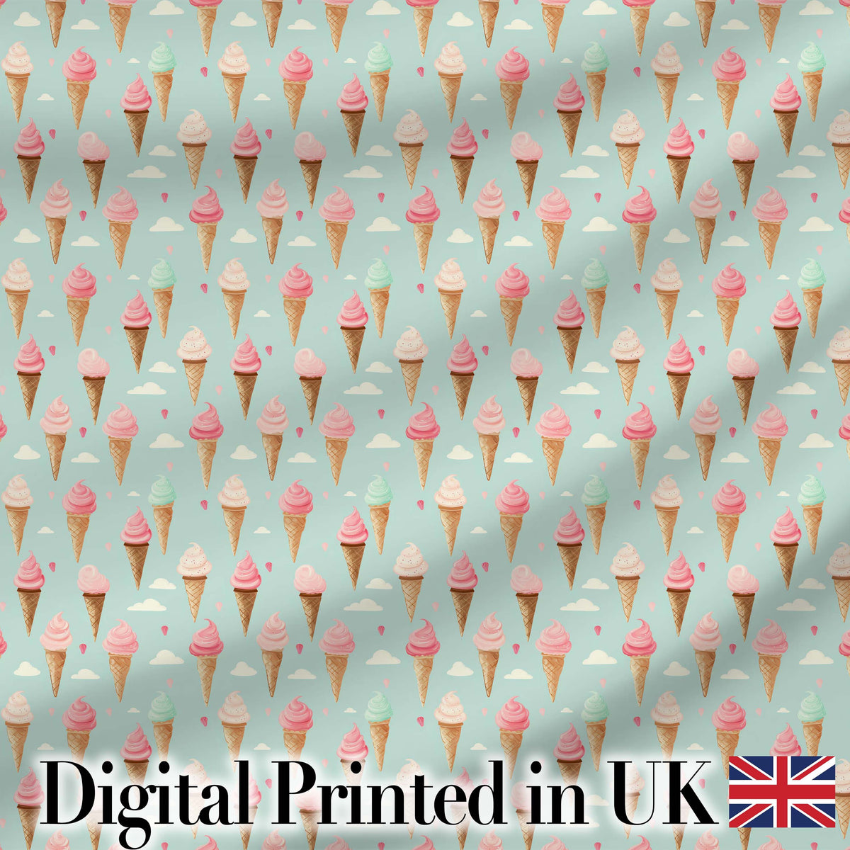 Pastel Ice Cream Cones on Sky Blue with Clouds Cute Sweet Dessert Pattern Digital Print Fabric by the Metre UK Sewing Quilting Textile