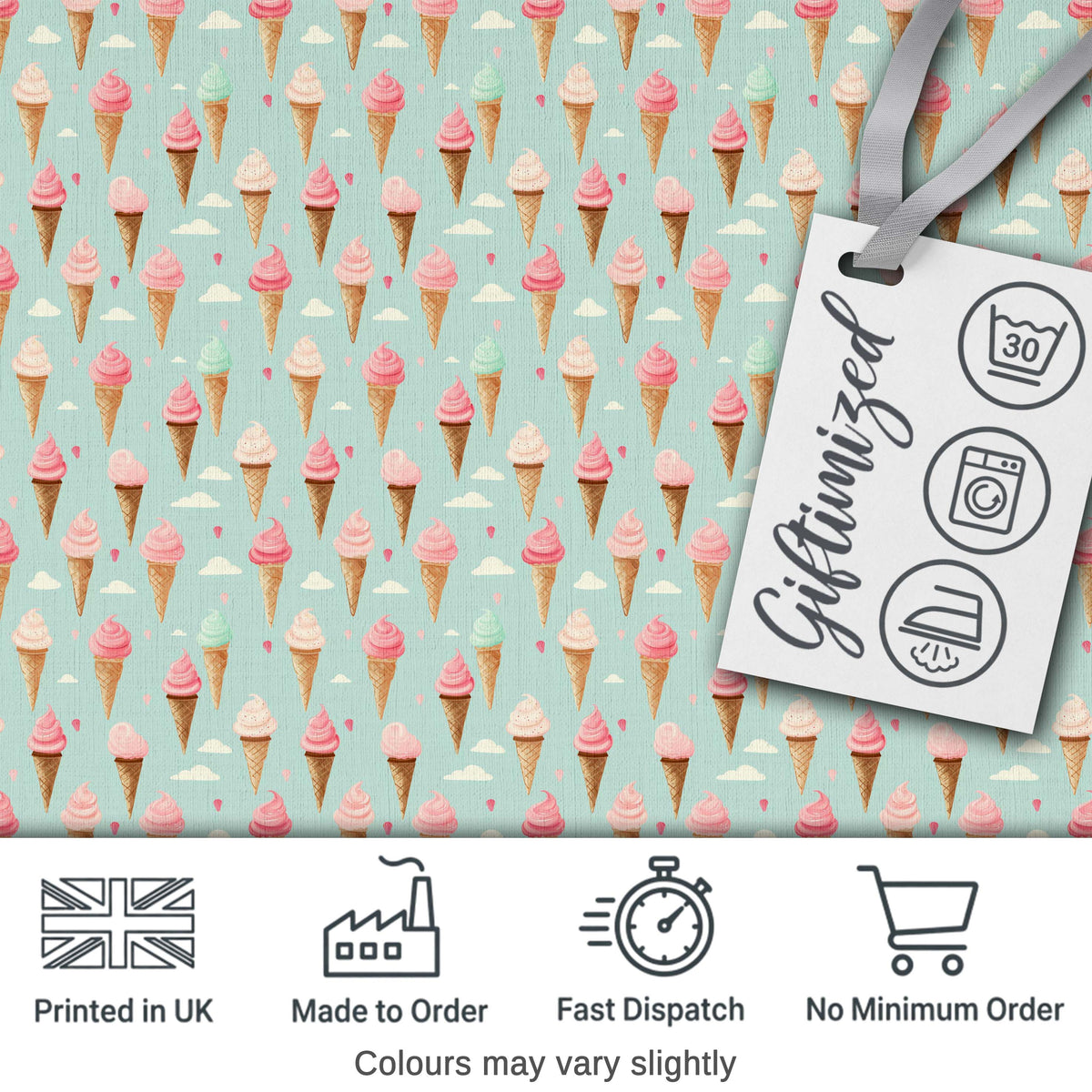 Pastel Ice Cream Cones on Sky Blue with Clouds Cute Sweet Dessert Pattern Digital Print Fabric by the Metre UK Sewing Quilting Textile