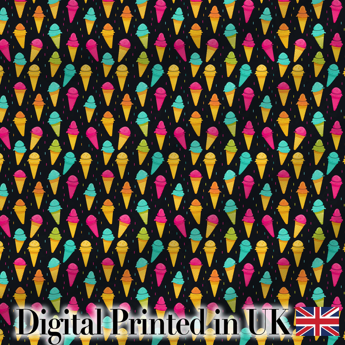 Bright Neon Ice Cream Cones on Black Fun Pop Art Dessert Seamless Pattern Digital Print Fabric by the Metre UK Sewing Quilting Textile