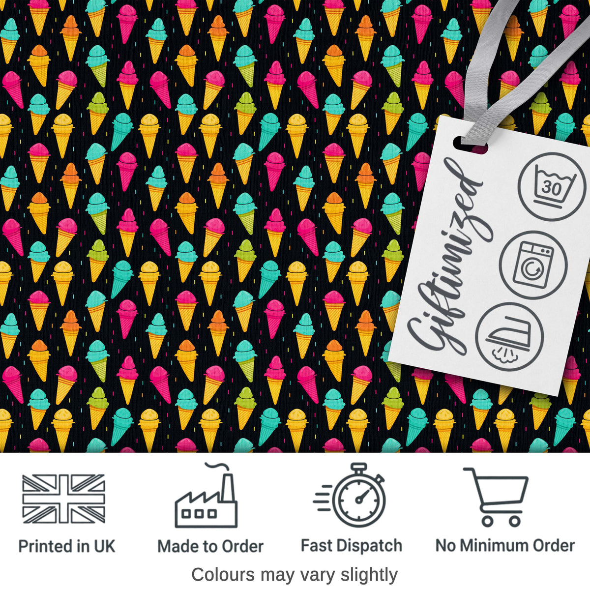 Bright Neon Ice Cream Cones on Black Fun Pop Art Dessert Seamless Pattern Digital Print Fabric by the Metre UK Sewing Quilting Textile