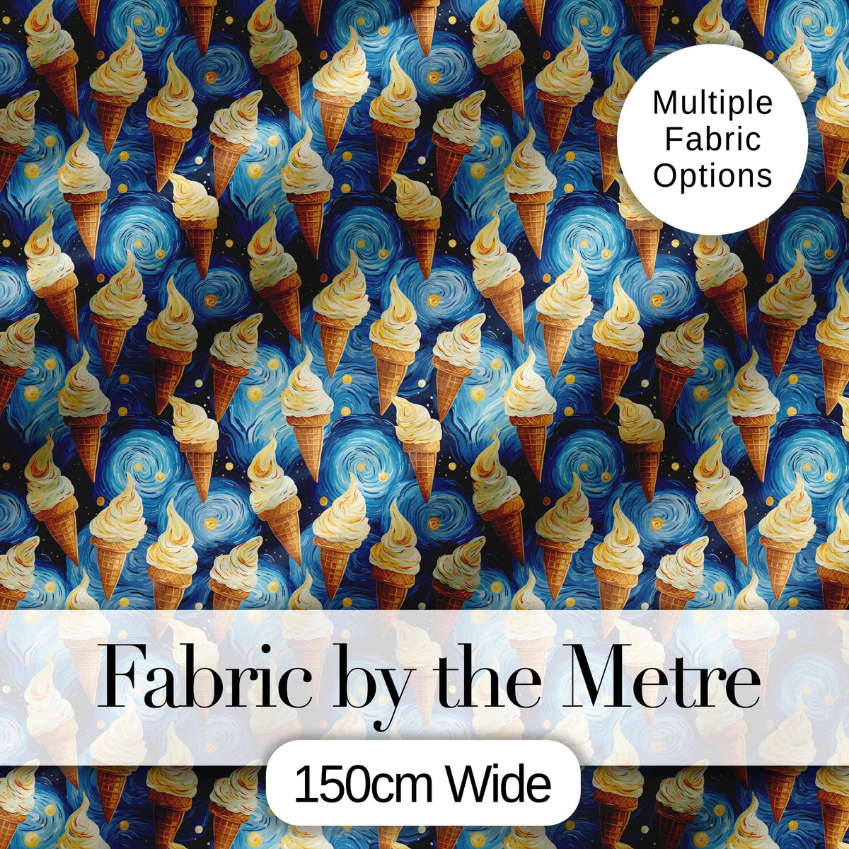 Artistic Ice Cream Cones Over Starry Night Inspired Blue Swirl Background Digital Print Fabric by the Metre UK Sewing Quilting Textile