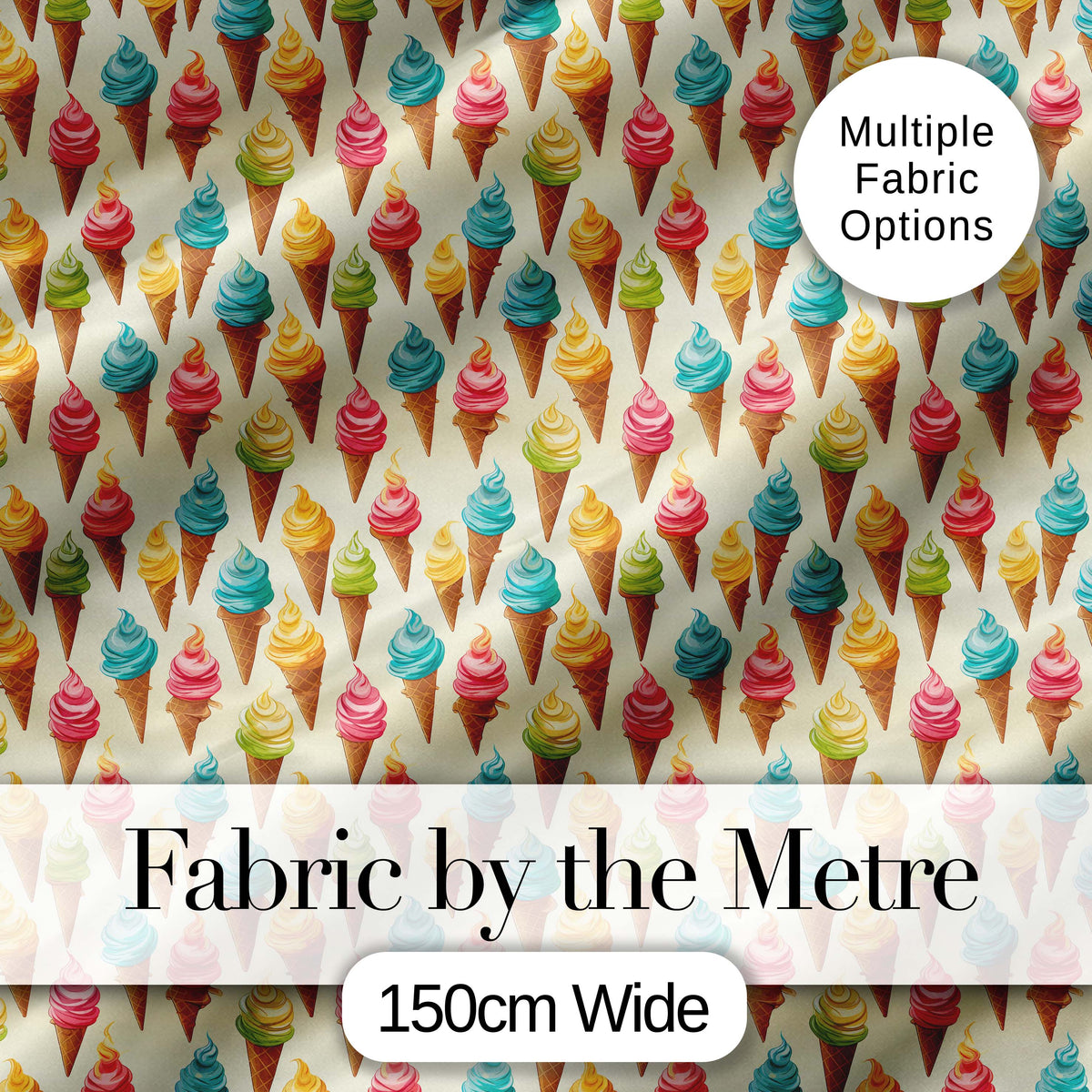 Colourful Ice Cream Cones Scattered on Cream Background Playful Dessert Pattern Digital Print Fabric by the Metre UK Sewing Quilting Textile