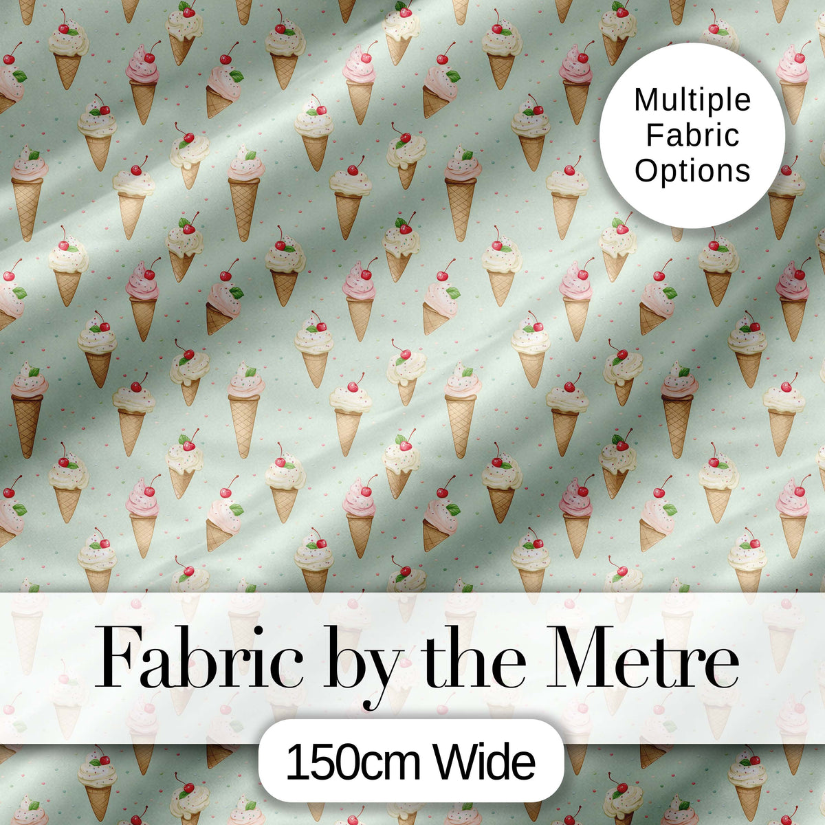 Vintage Style Ice Cream Cones with Cherries on Mint Green Background Digital Print Fabric by the Metre UK Sewing Quilting Textile