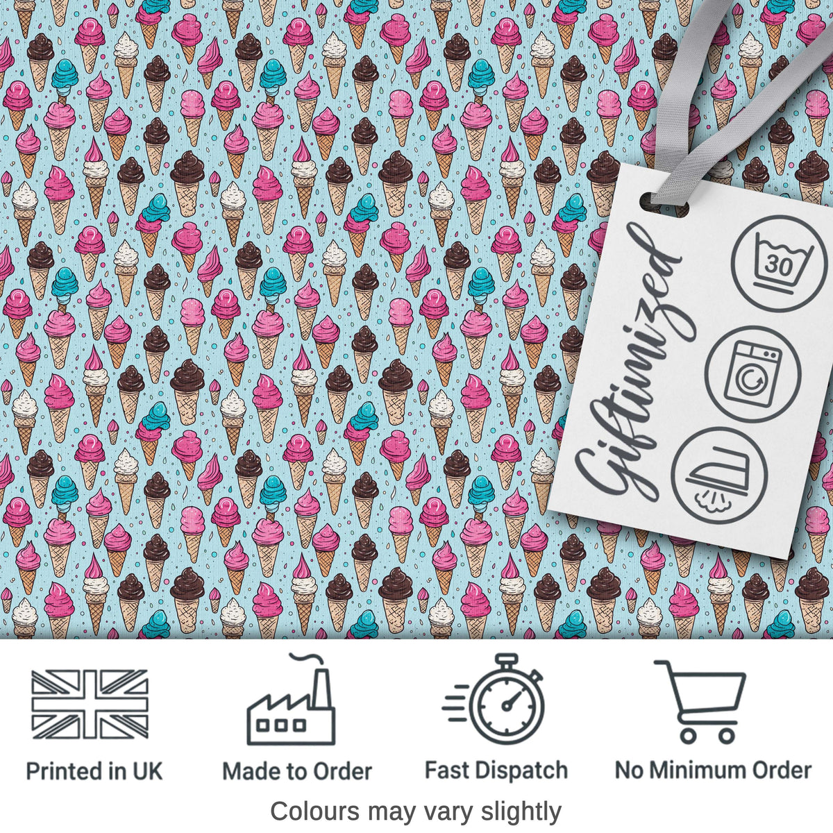 Soft Pastel Ice Cream Cone Repeat on Neutral Background Minimal Sweet Pattern Digital Print Fabric by the Metre UK Sewing Quilting Textile