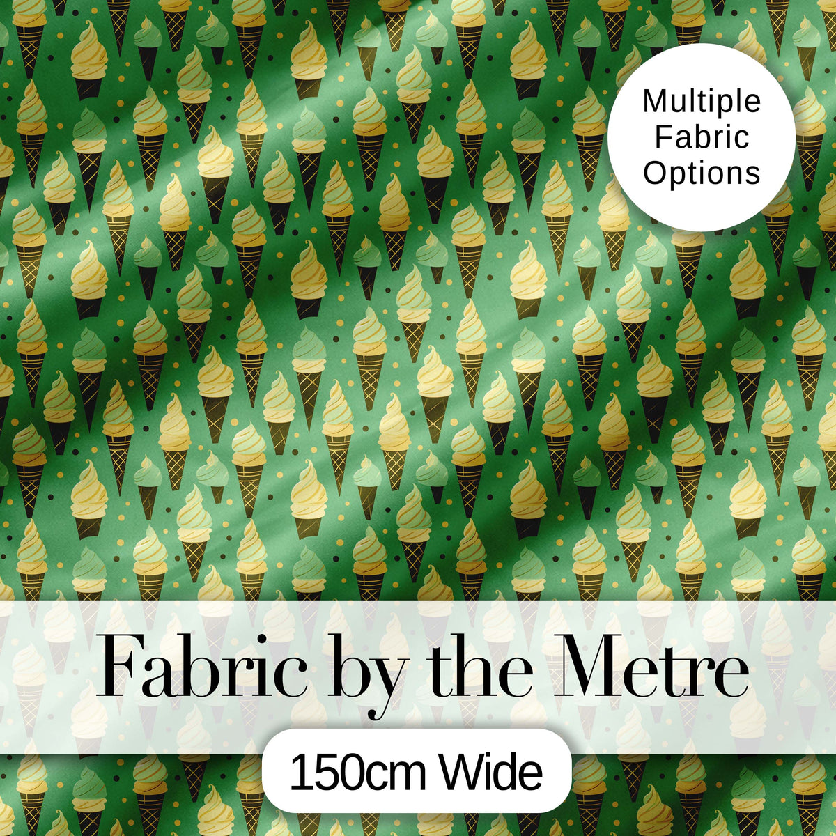 Vintage Mint Green Ice Cream Cones Seamless Pattern Sweet Dessert Digital Print Fabric by the Metre UK Sewing Quilting Textile