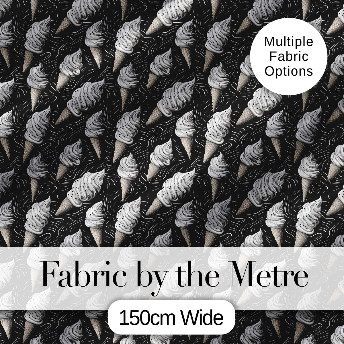 Monochrome Ice Cream Cone Pattern on Black with Swirl Texture Background Digital Print Fabric by the Metre UK Sewing Quilting Textile