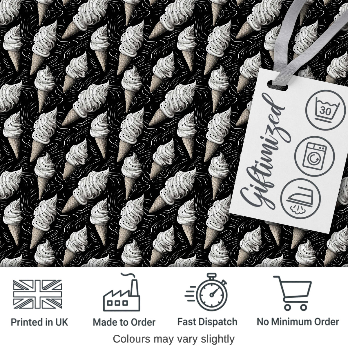 Monochrome Ice Cream Cone Pattern on Black with Swirl Texture Background Digital Print Fabric by the Metre UK Sewing Quilting Textile