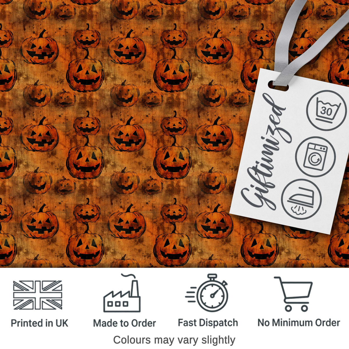 Vintage Halloween Jack O Lantern Pumpkin Pattern on Distressed Orange Background Digital Print Fabric by the Metre UK Sewing Quilting Textile