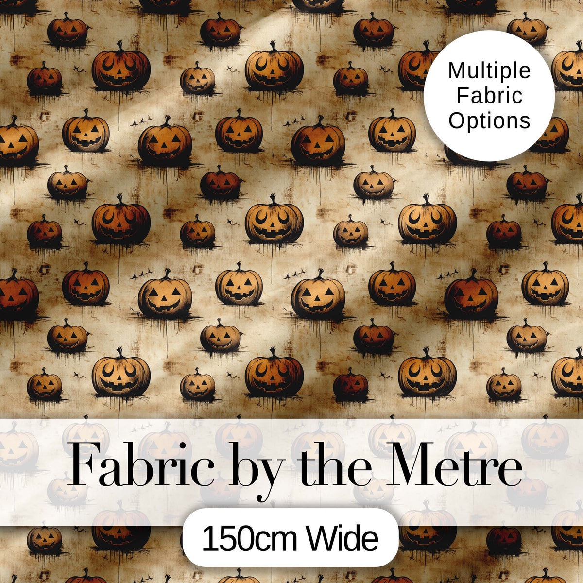 Grungy Halloween Pumpkins with Ink Drip Effect on Aged Beige Background Digital Print Fabric by the Metre UK Sewing Quilting Textile