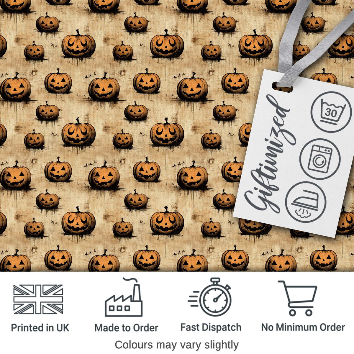 Grungy Halloween Pumpkins with Ink Drip Effect on Aged Beige Background Digital Print Fabric by the Metre UK Sewing Quilting Textile