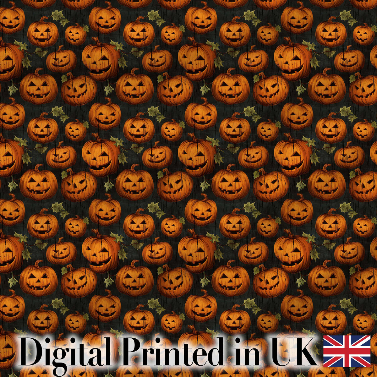 Rustic Autumn Pumpkin Patch with Leaves on Dark Wood Background Digital Print Fabric by the Metre UK Sewing Quilting Textile