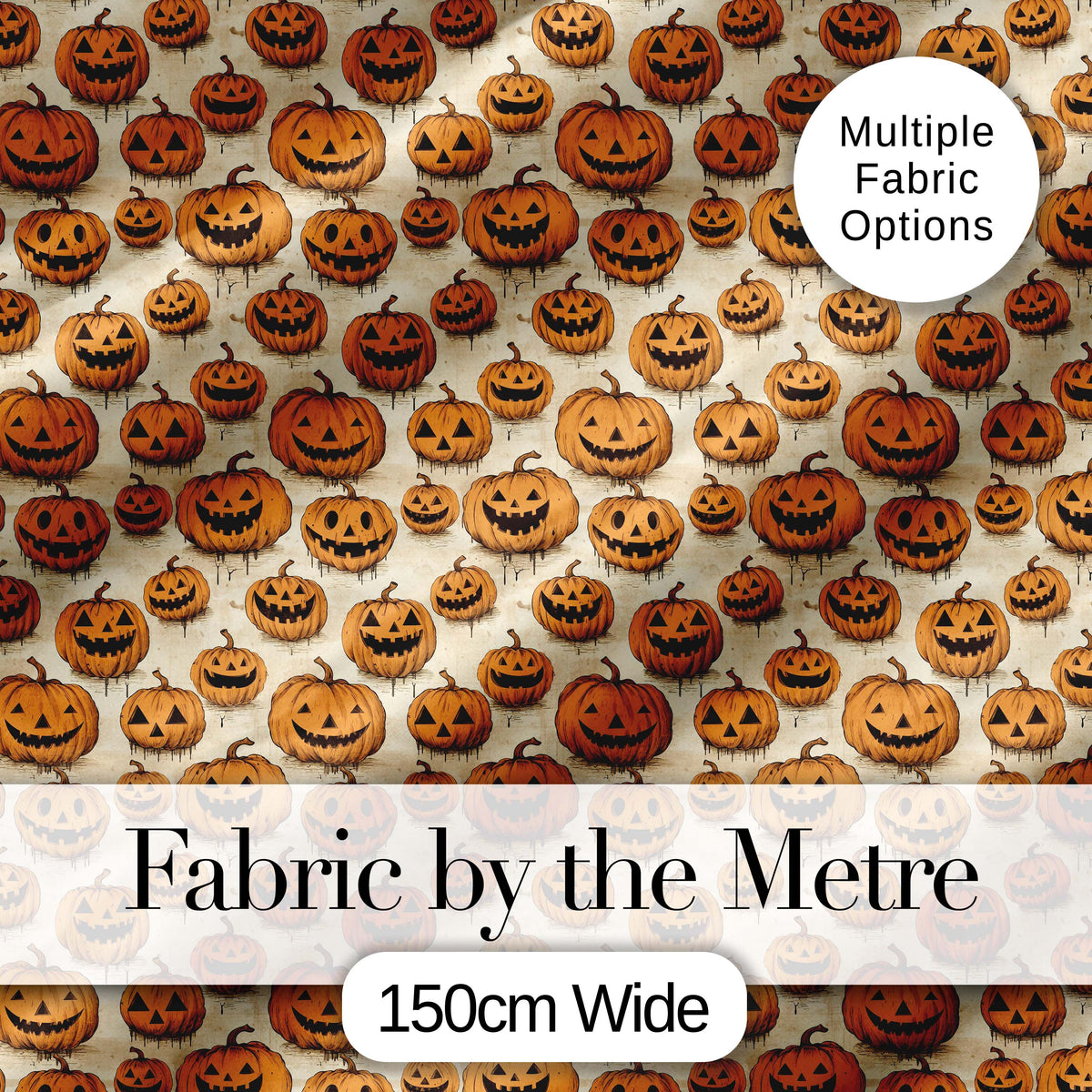 Classic Halloween Pumpkin Faces on Light Vintage Background Seamless Pattern Digital Print Fabric by the Metre UK Sewing Quilting Textile