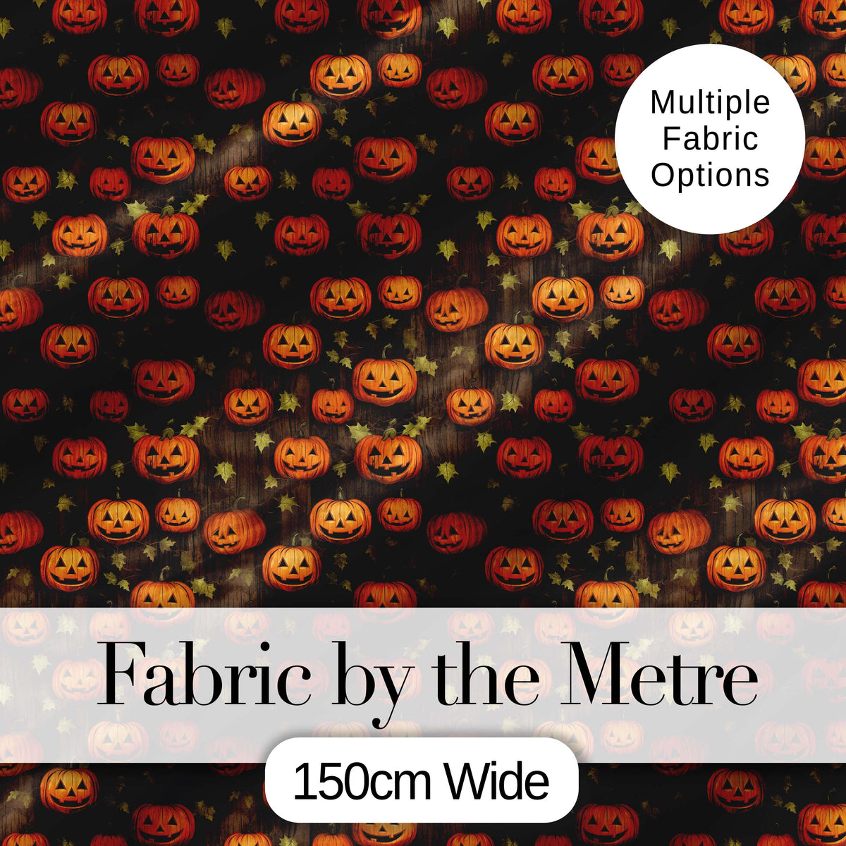 Hanging Pumpkin and Leaves on Dark Wooden Background Halloween Pattern Digital Print Fabric by the Metre UK Sewing Quilting Textile