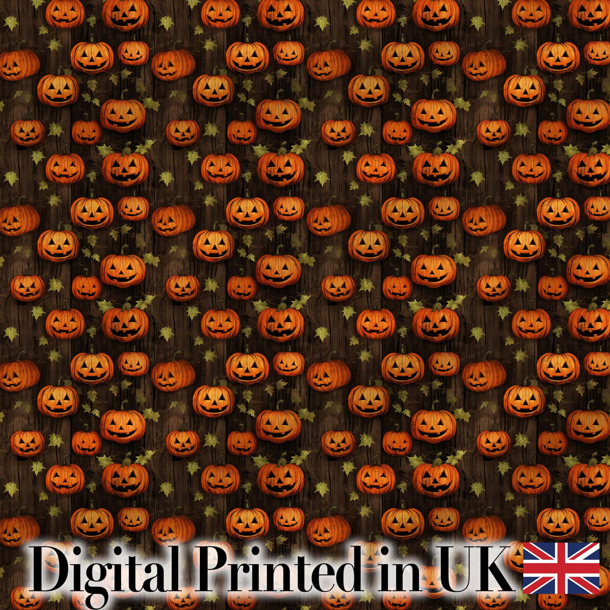 Hanging Pumpkin and Leaves on Dark Wooden Background Halloween Pattern Digital Print Fabric by the Metre UK Sewing Quilting Textile