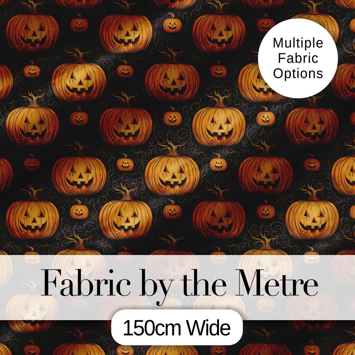 Ornate Halloween Pumpkin Motif with Swirls on Black Background Digital Print Fabric by the Metre UK Sewing Quilting Textile