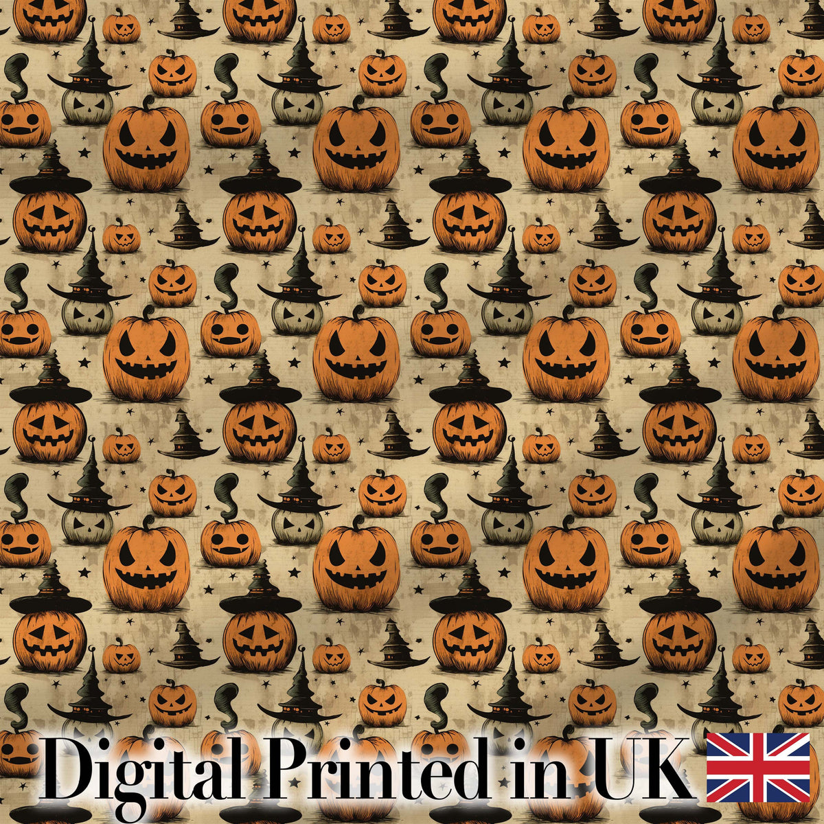 Halloween Pumpkins with Witch Hats and Stars on Vintage Background Digital Print Fabric by the Metre UK Sewing Quilting Textile
